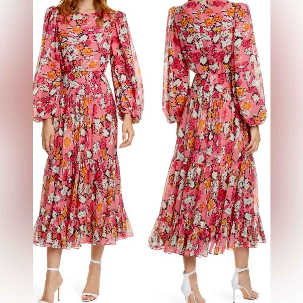 NWT SALONI Floral Silk Midi Pink Isabel Dress - Size 4, New With Tags